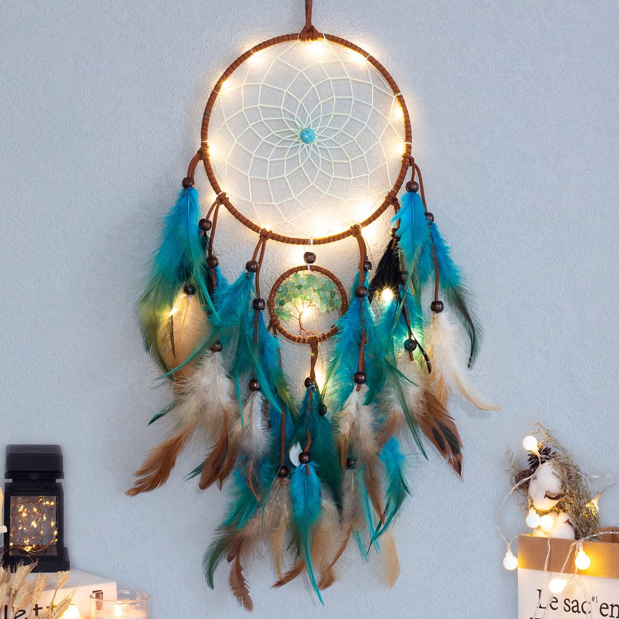 Dream Catcher Blue Tree of Life with Feathers, Mobile LED Fairy Lights, Home Decoration for Bedroom Kids Party